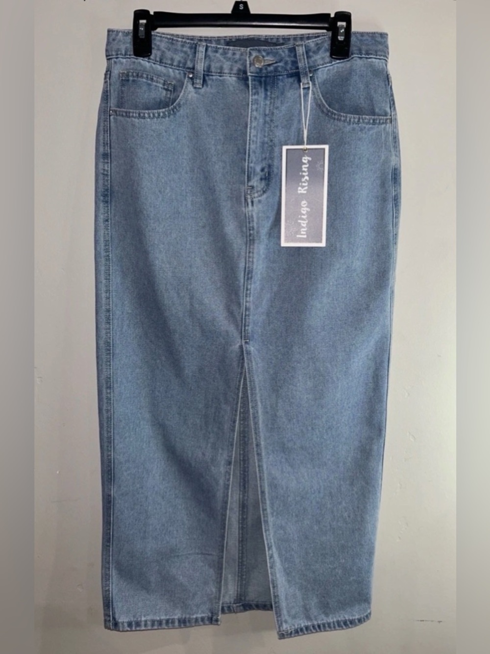 Indigo Rising Front Slit Denim Jean Midi Skirt Light Wash Sz M NWT